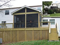 <b>Installed a screened room with 2 side decks on each side. Pressure treated wood screened room with rafters showing, gable style roof with shingles, front of the gable roof is screened. Existing siding includes 2 outlets, 1 ceiling fan box, a wall switch and 2 external lights. Bottom of the deck is finished with wood lattice.</b>